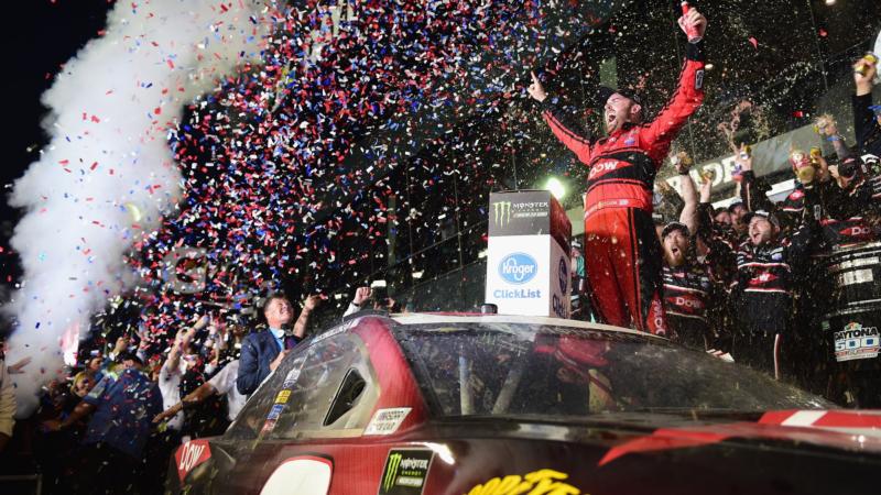 Austin Dillon, driver of the #3 DOW Chevrolet, celebrates in Victory Lane after winning the Monster Energy NASCAR Cup Series 60th Annual Daytona 500 at Daytona International Speedway on February 18, 2018 in Daytona Beach, Florida.