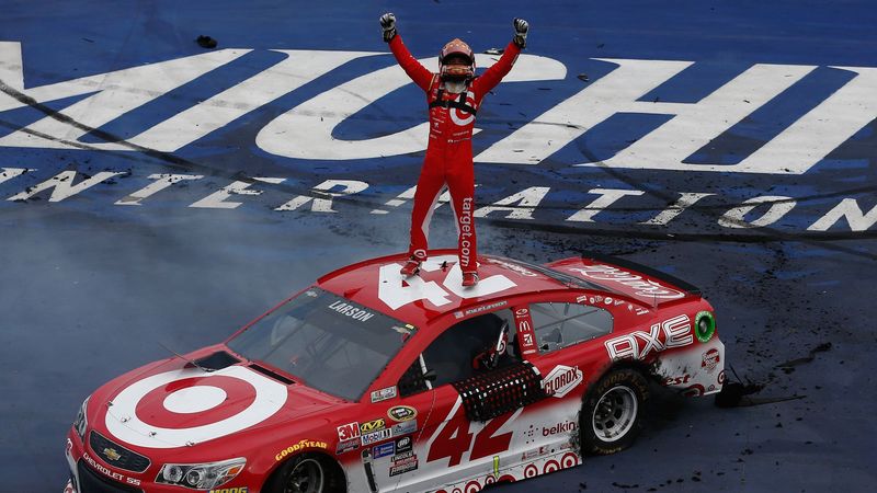 Kyle Larson scores his first career NASCAR Sprint Cup Series victory at Michigan International Speedway. 