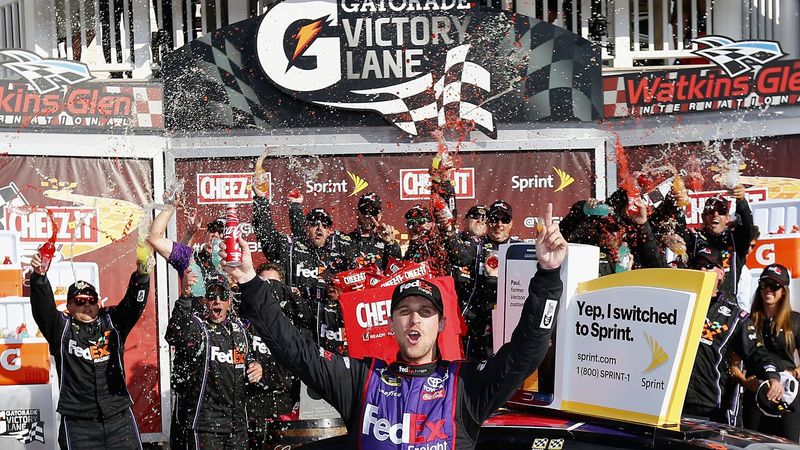 Denny Hamlin picked up his first career Sprint Cup Series win on a road course Sunday at Watkins Glen.